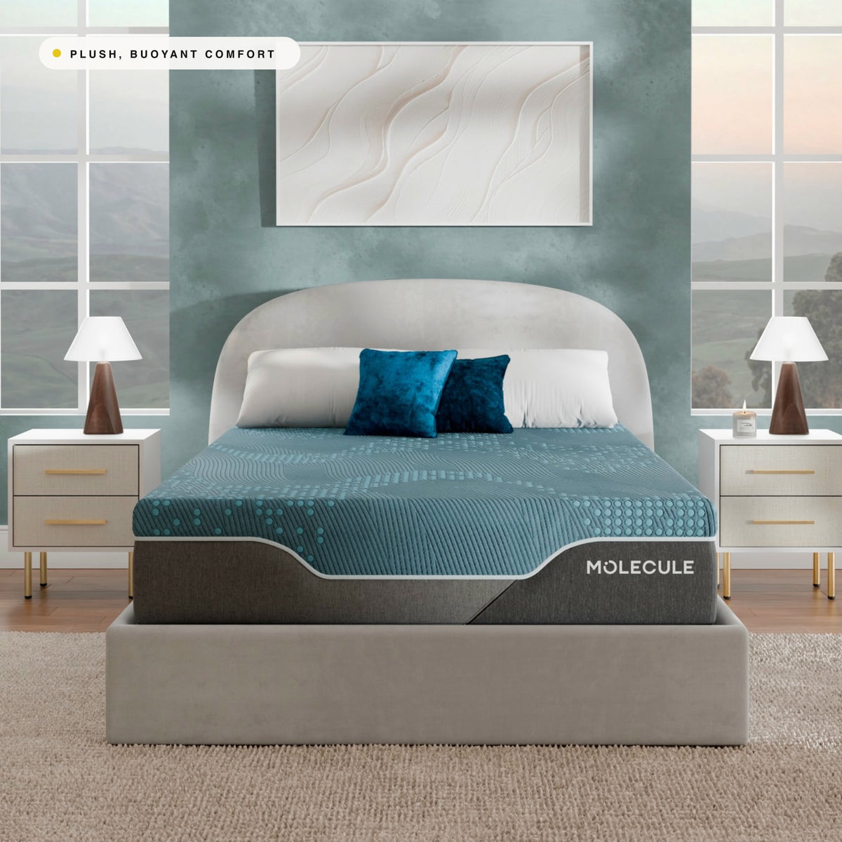 MOLECULE Reflex Elite Hybrid 14 mattress on a bed frame in a bright modern bedroom