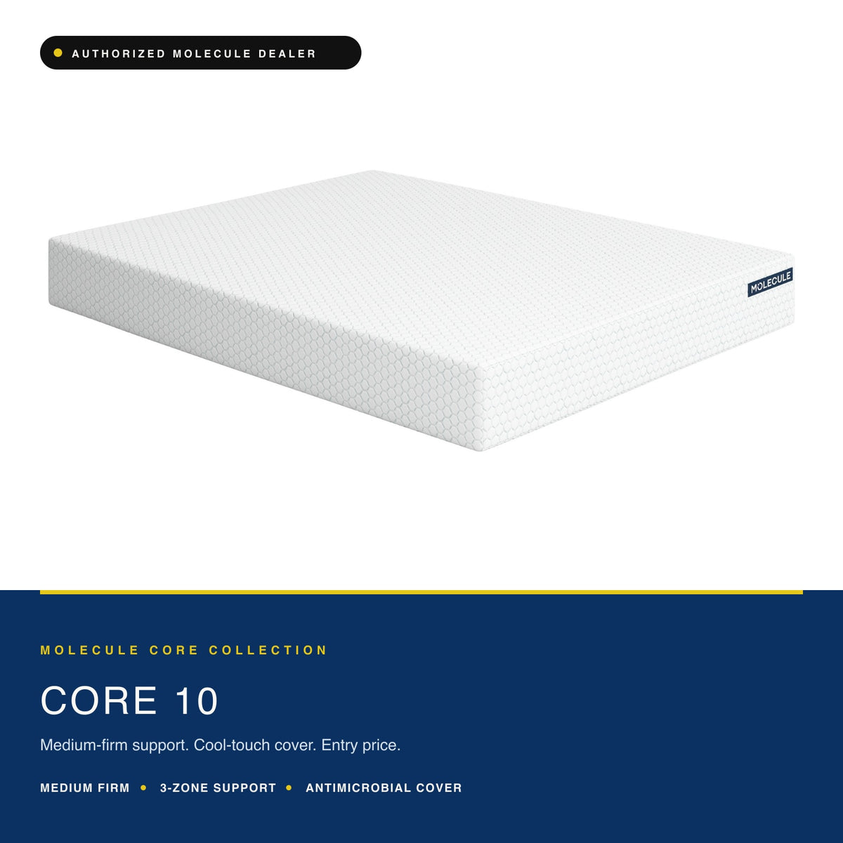 Three-quarter view of the MOLECULE Core 10 medium firm all-foam mattress on a plain background