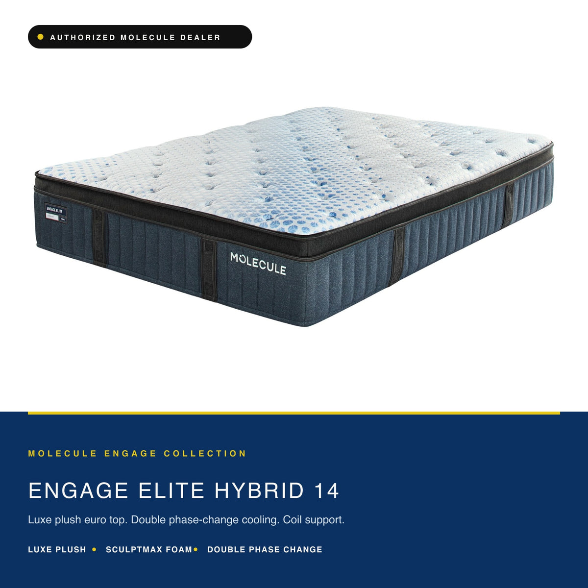 Three-quarter view of the MOLECULE Engage Elite Hybrid 14 luxe plush hybrid mattress on a plain background