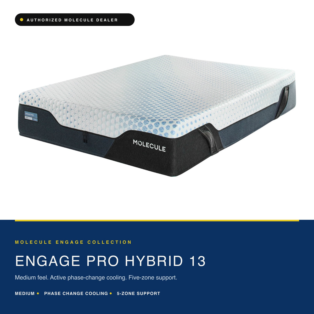 Three-quarter view of the MOLECULE Engage Pro Hybrid 13 medium hybrid mattress on a plain background