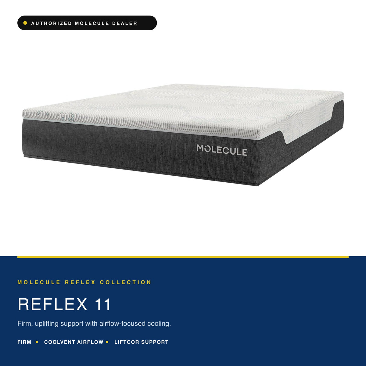 Three-quarter view of the MOLECULE Reflex 11 firm all-foam mattress on a plain background