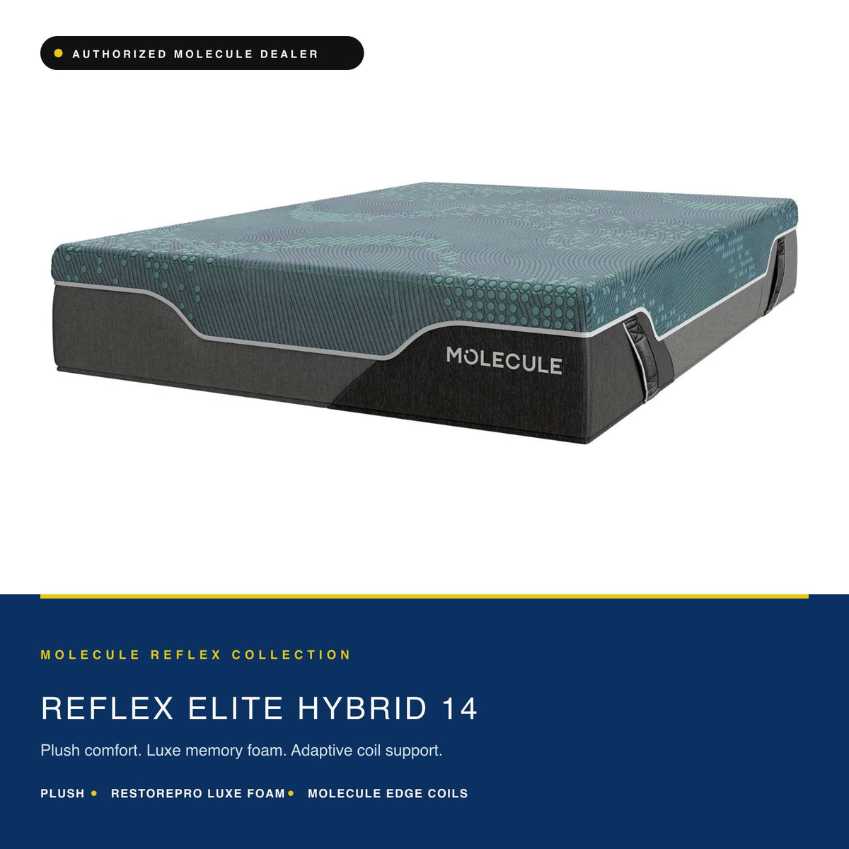 Three-quarter view of the MOLECULE Reflex Elite Hybrid 14 plush hybrid mattress on a plain background