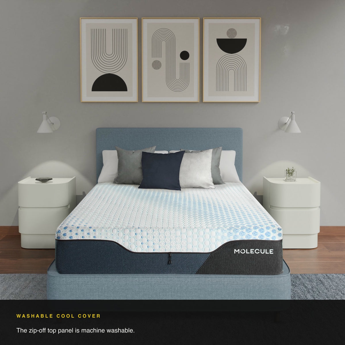 MOLECULE Engage Hybrid 12 mattress on an upholstered bed frame, head-on view of the bedroom