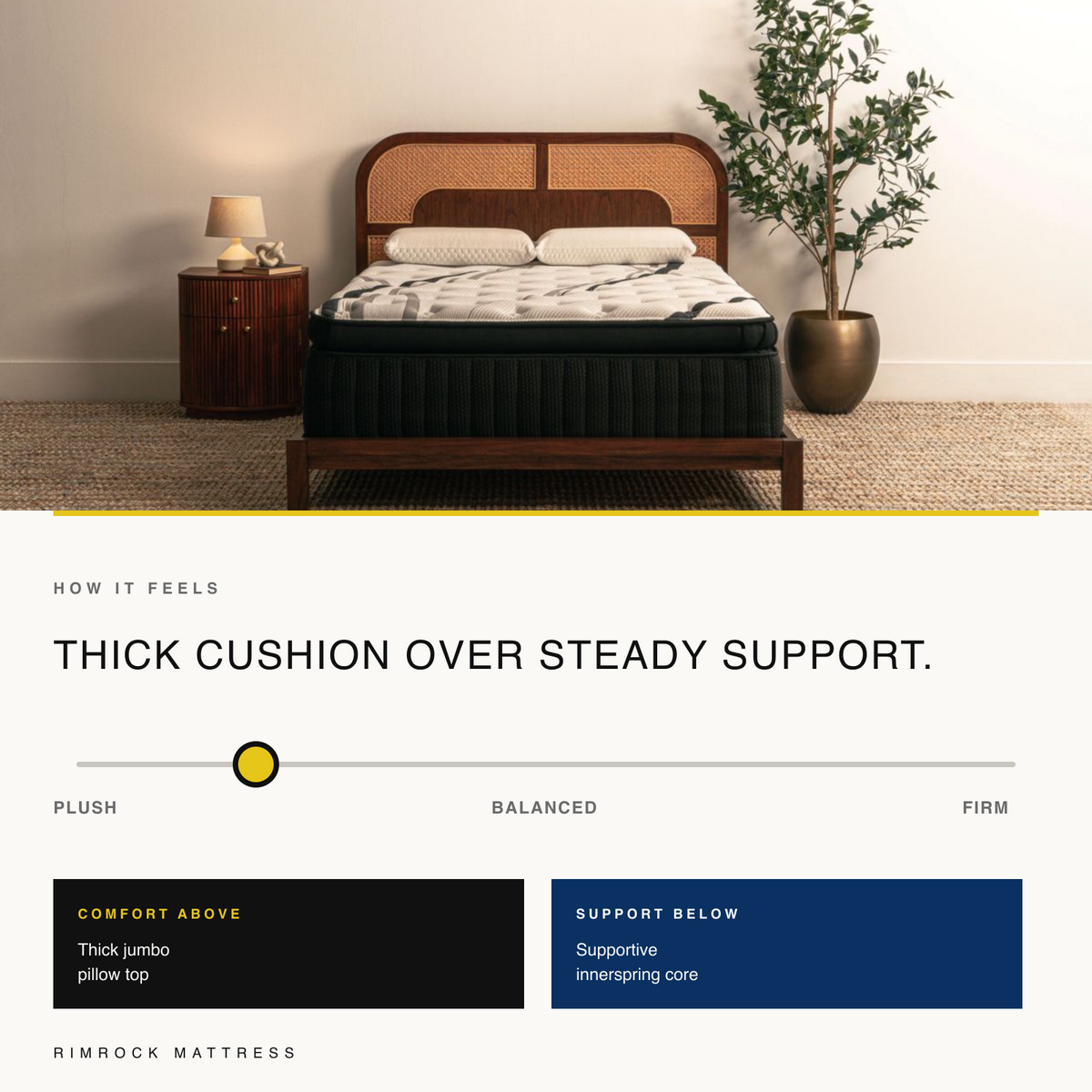 Bungalow Jumbo Pillow Top firmness scale with thick cushion and innerspring support.
