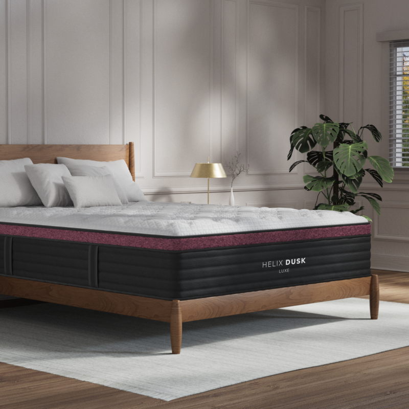 Helix Dusk Luxe mattress angled view in a bedroom