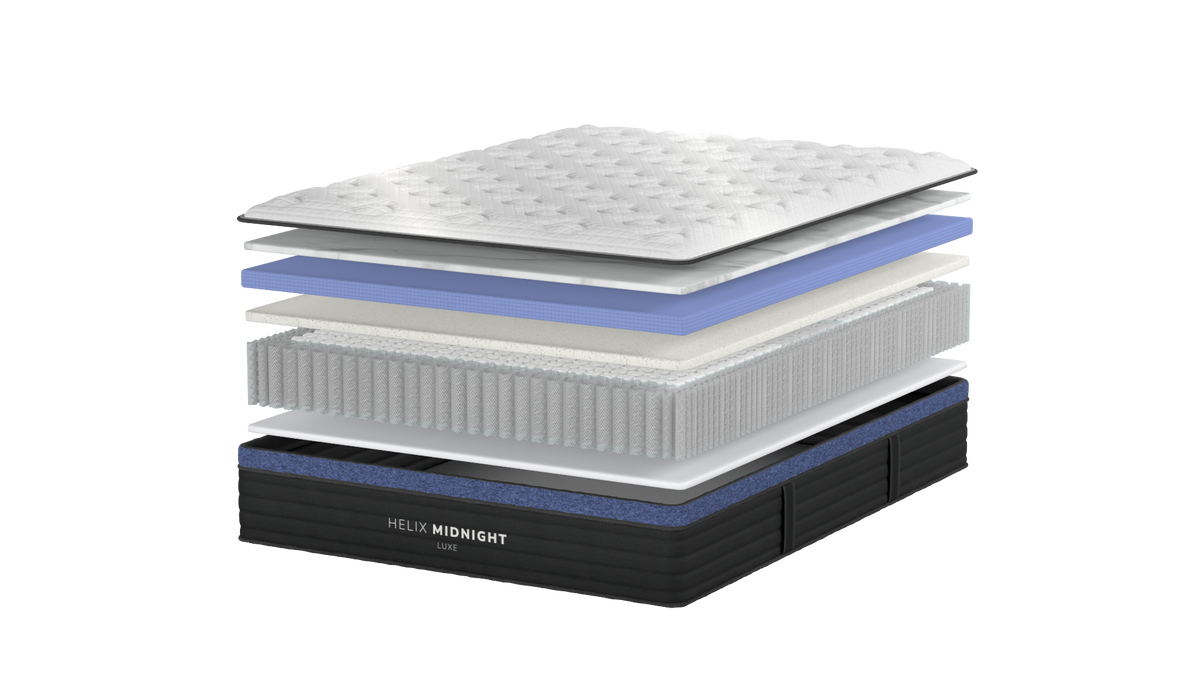 Cutaway of the Helix Midnight Luxe showing gel memory foam, SupremeSupport foam and zoned coils