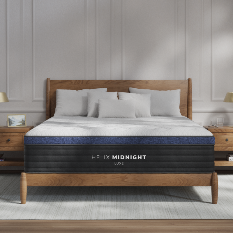 Helix Midnight Luxe mattress styled in a bedroom, front view