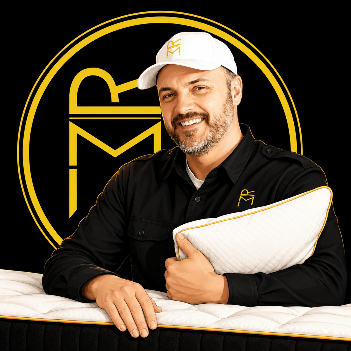 The mattress expert at Rimrock Mattress Co in Billings, MT holding a pillow beside the Rimrock logo.