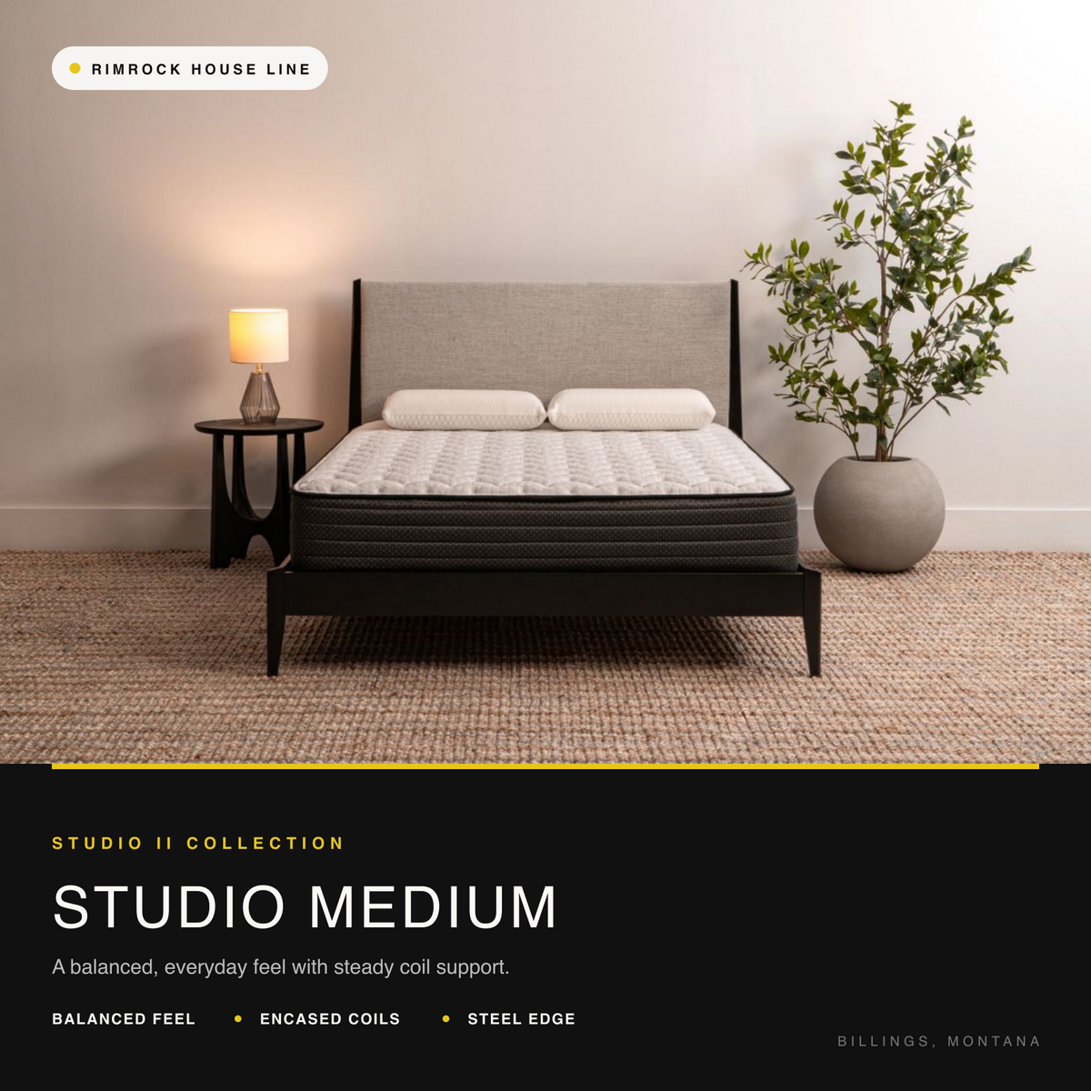 Studio Medium mattress, a medium feel bed used to explain mattress firmness, at Rimrock Mattress in Billings, Montana