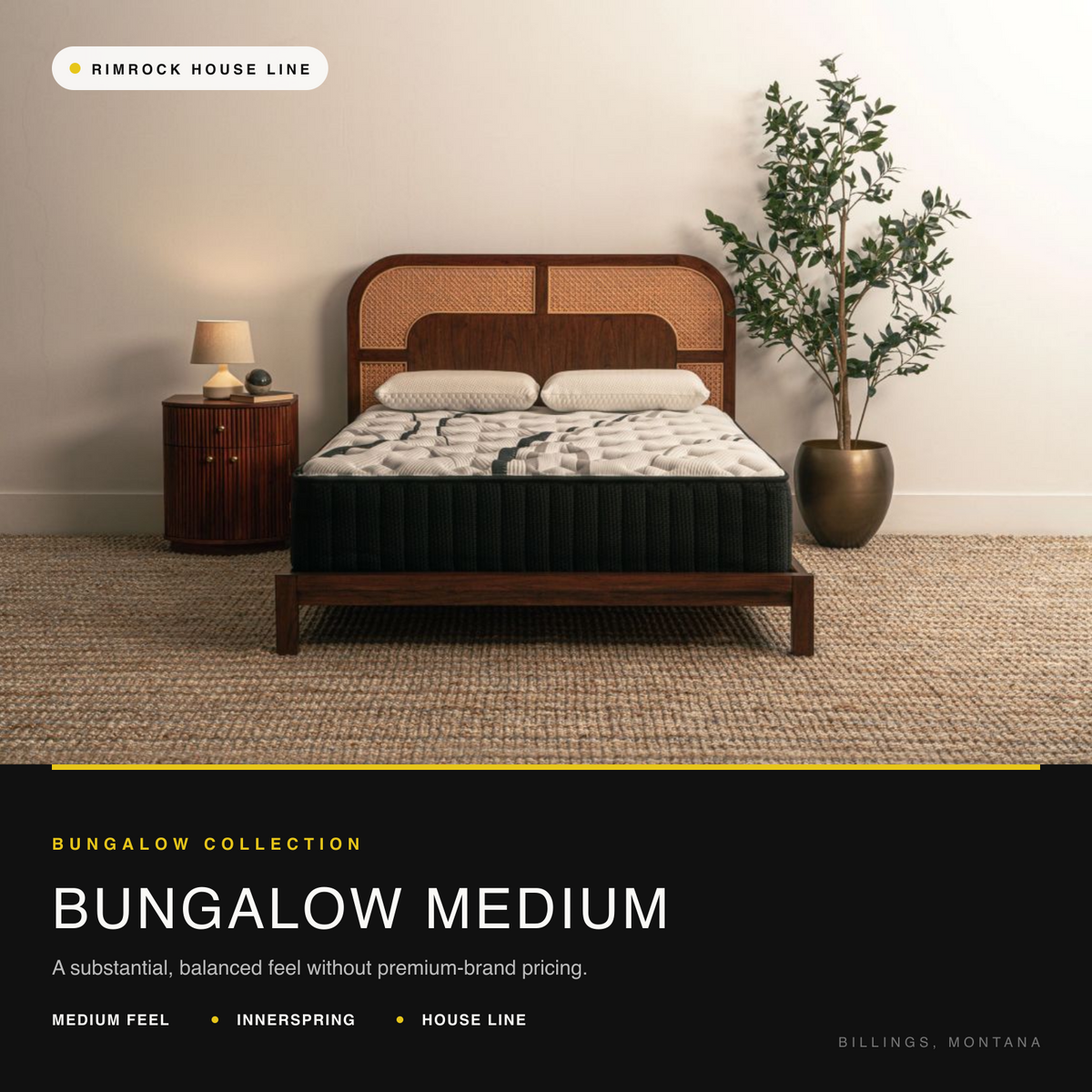 Bungalow Medium mattress in a warm bedroom, from the all mattresses collection at Rimrock Mattress in Billings, Montana