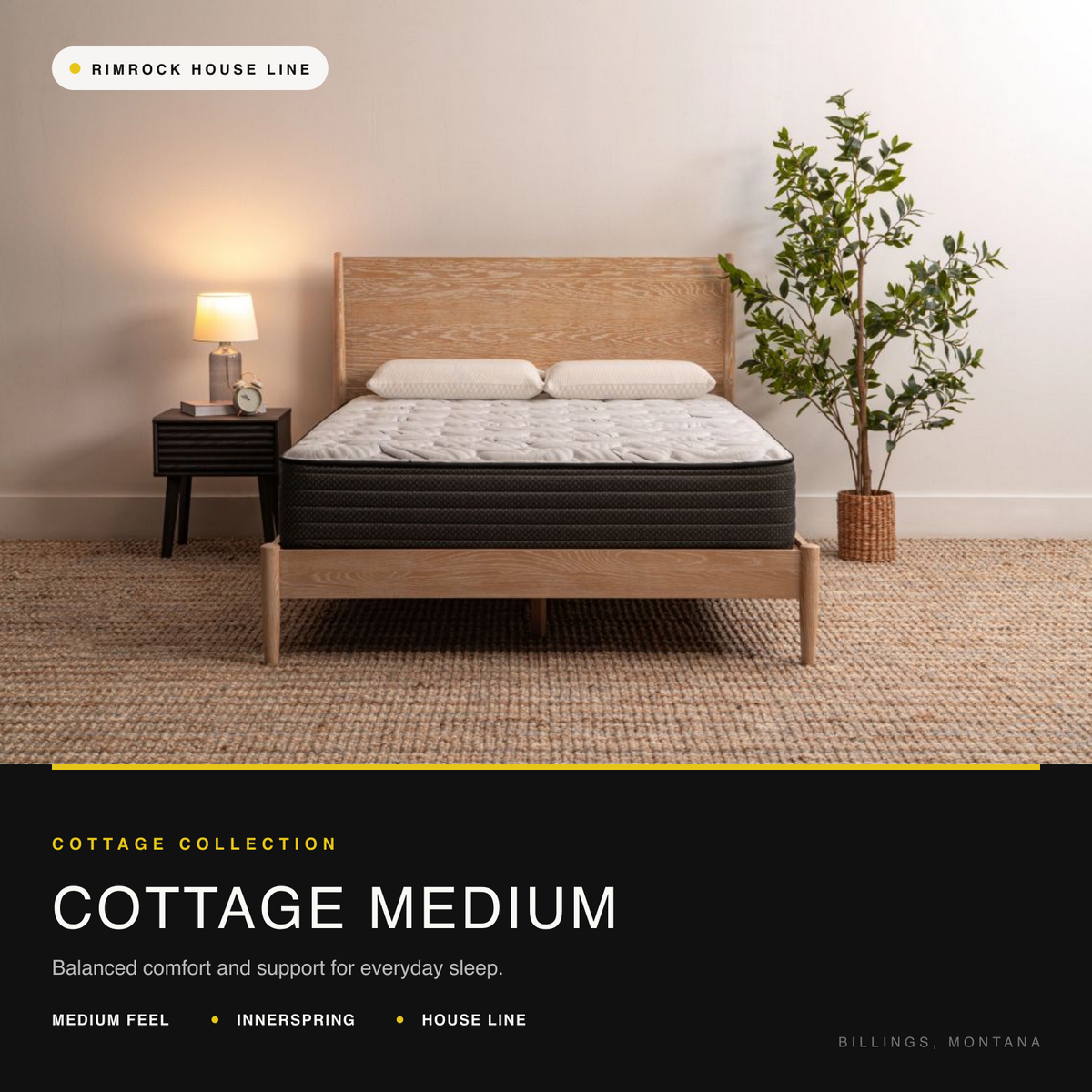 Cottage Medium innerspring mattress in a warm bedroom, from the innerspring collection at Rimrock Mattress in Billings, Montana