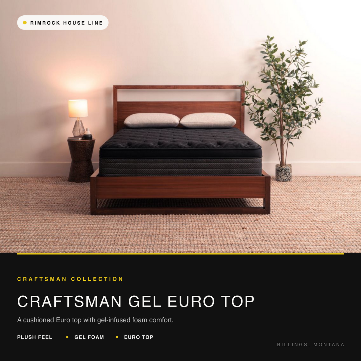 Craftsman Gel Euro Top mattress in a warm bedroom, from the gel foam collection at Rimrock Mattress in Billings, Montana
