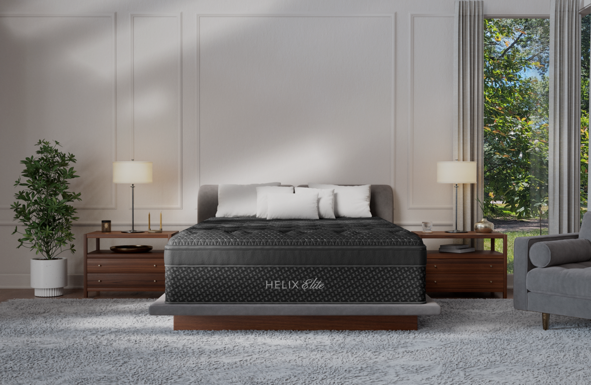 Helix Midnight Elite mattress in a bright bedroom, one of the featured mattresses at Rimrock Mattress in Billings, Montana