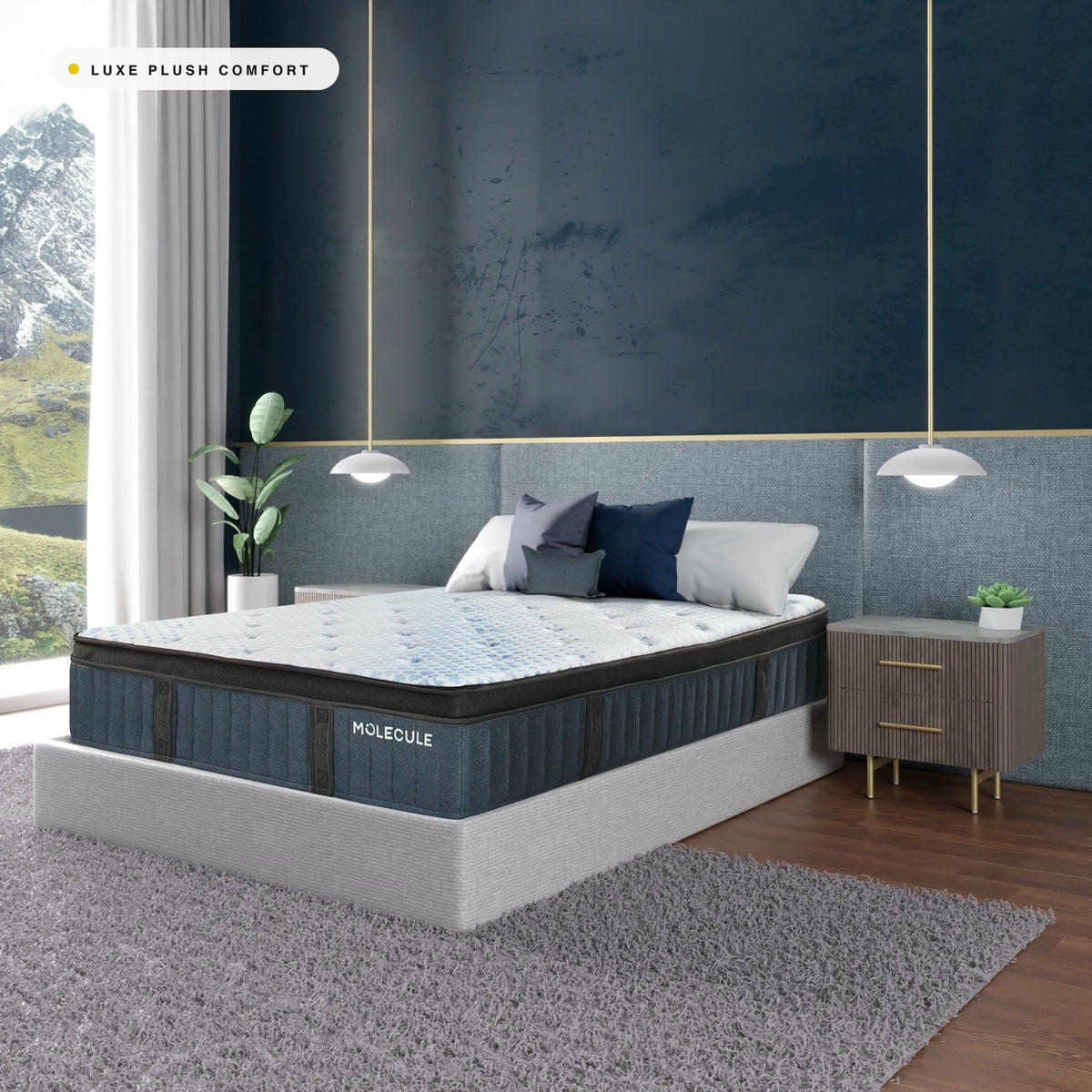 MOLECULE Engage Elite Hybrid 14 mattress on a bed frame in a bright modern bedroom