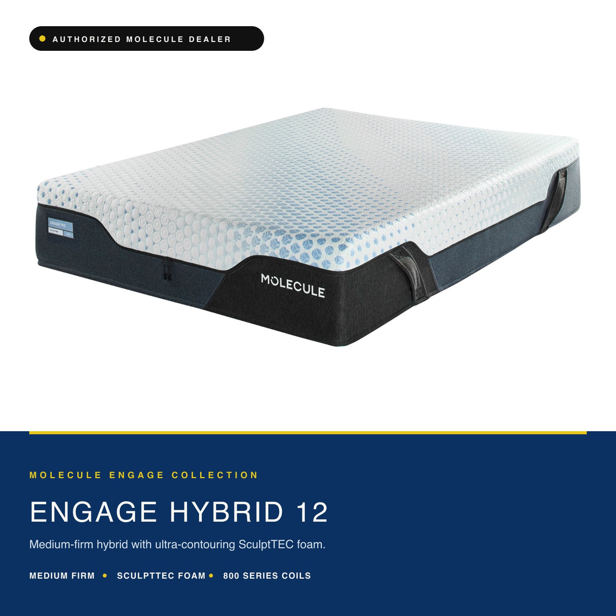 Three-quarter view of the MOLECULE Engage Hybrid 12 medium firm hybrid mattress on a plain background