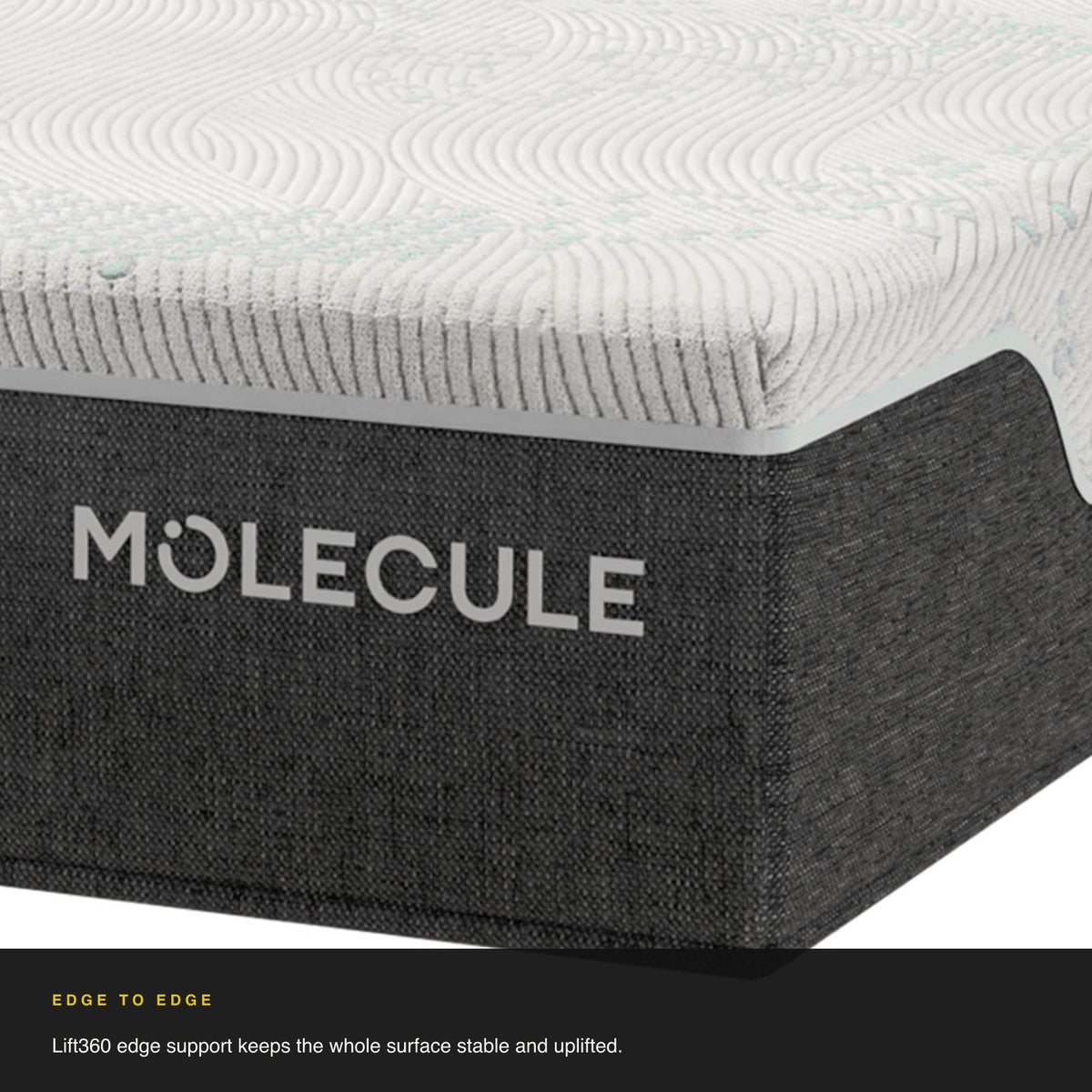 Corner detail of the MOLECULE Reflex 11 mattress showing the cover and side panel
