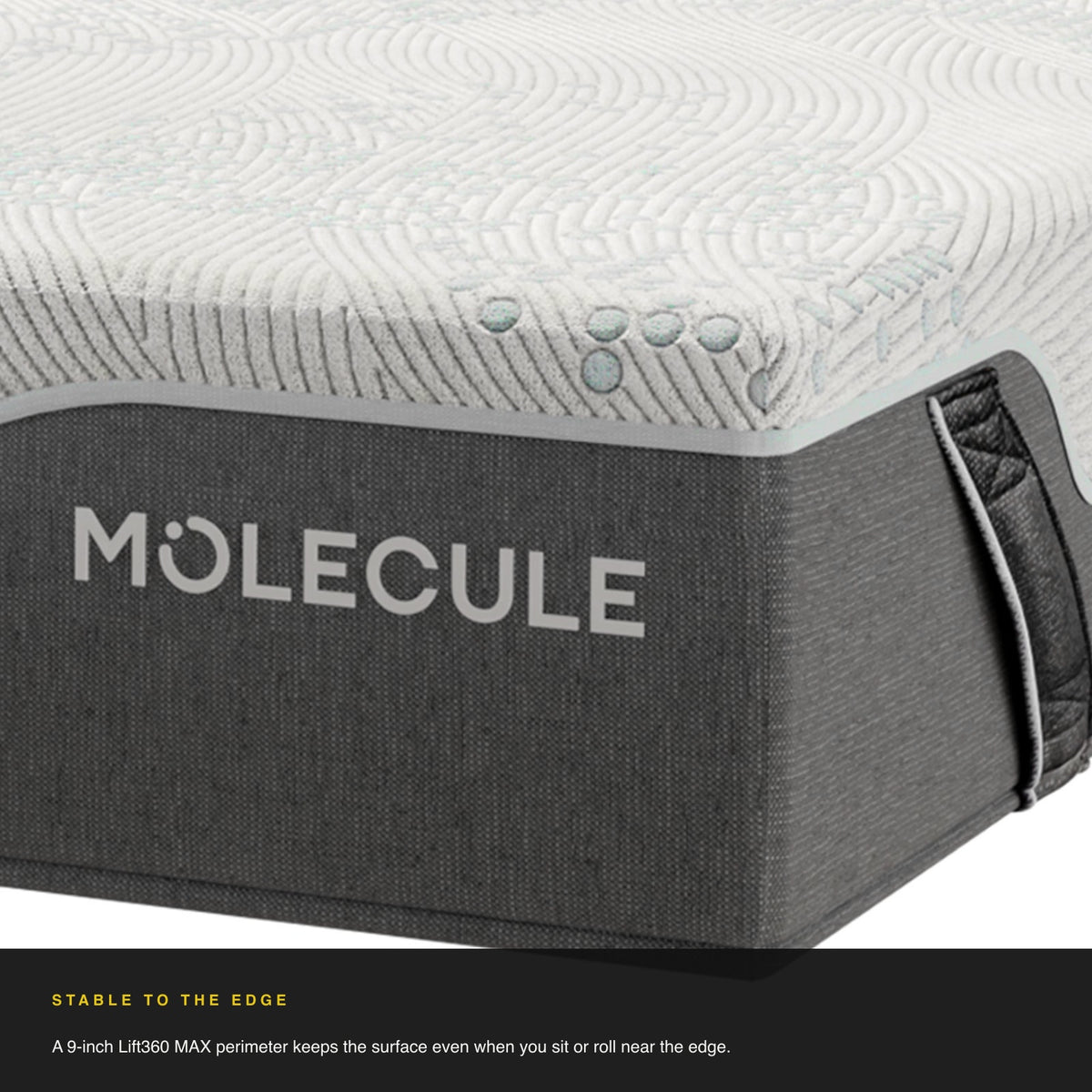 Corner detail of the MOLECULE Reflex Pro 12 mattress showing the cover and side panel