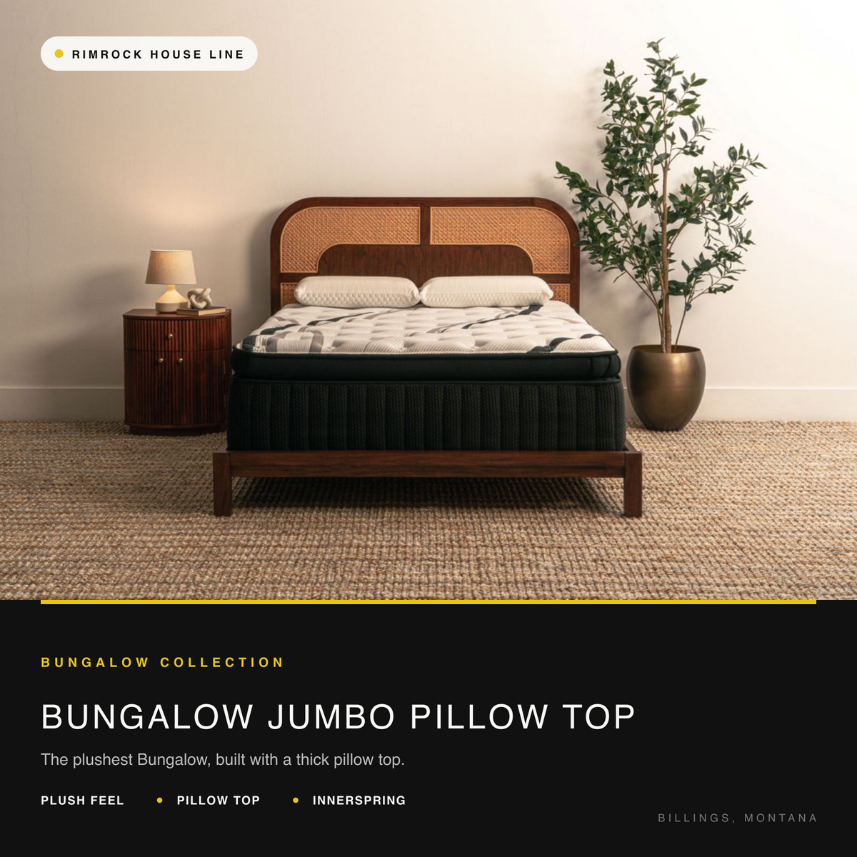 Bungalow Jumbo Pillow Top innerspring mattress in a warm bedroom with a curved cane headboard.