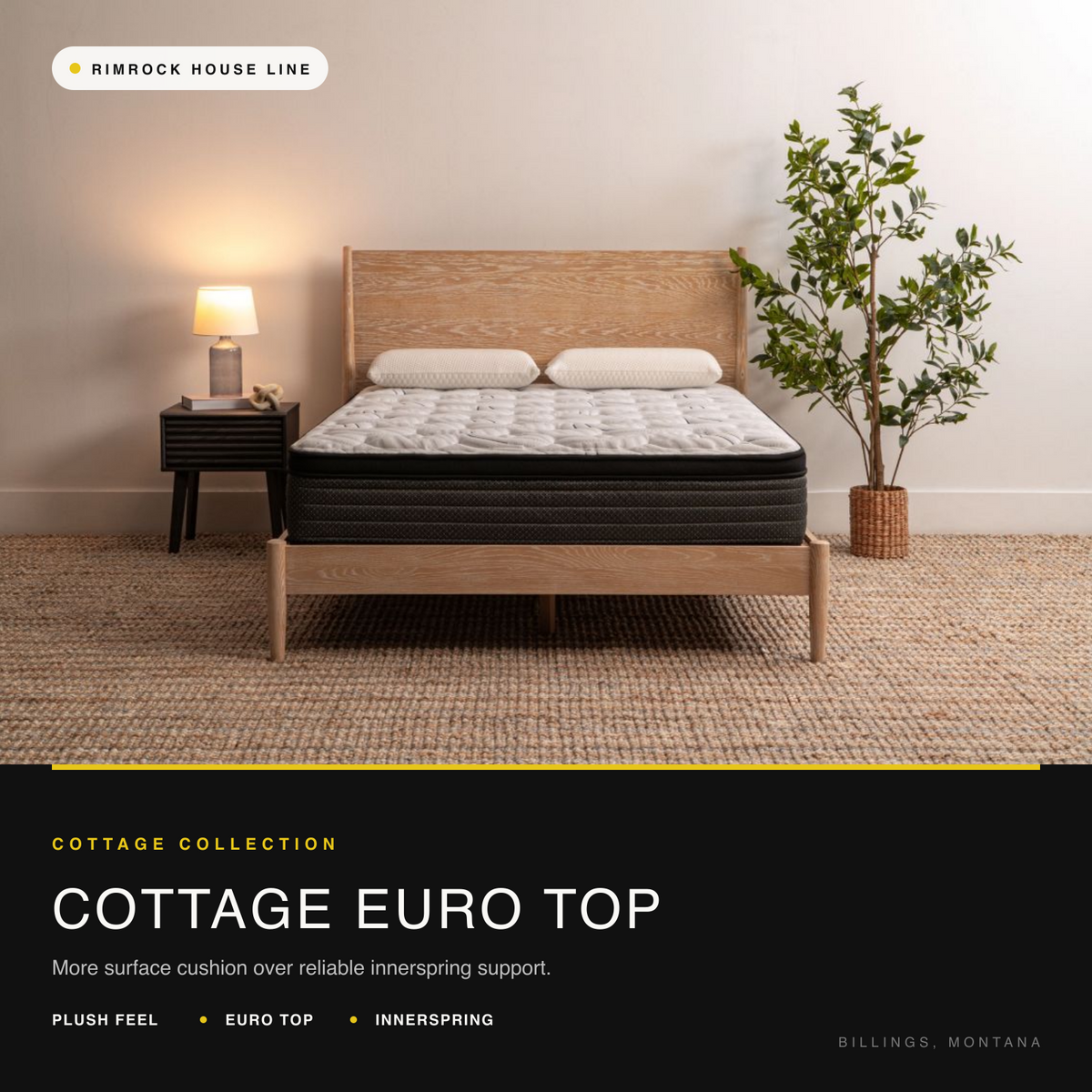 Cottage Euro Top innerspring mattress in a warm bedroom with natural wood furniture.