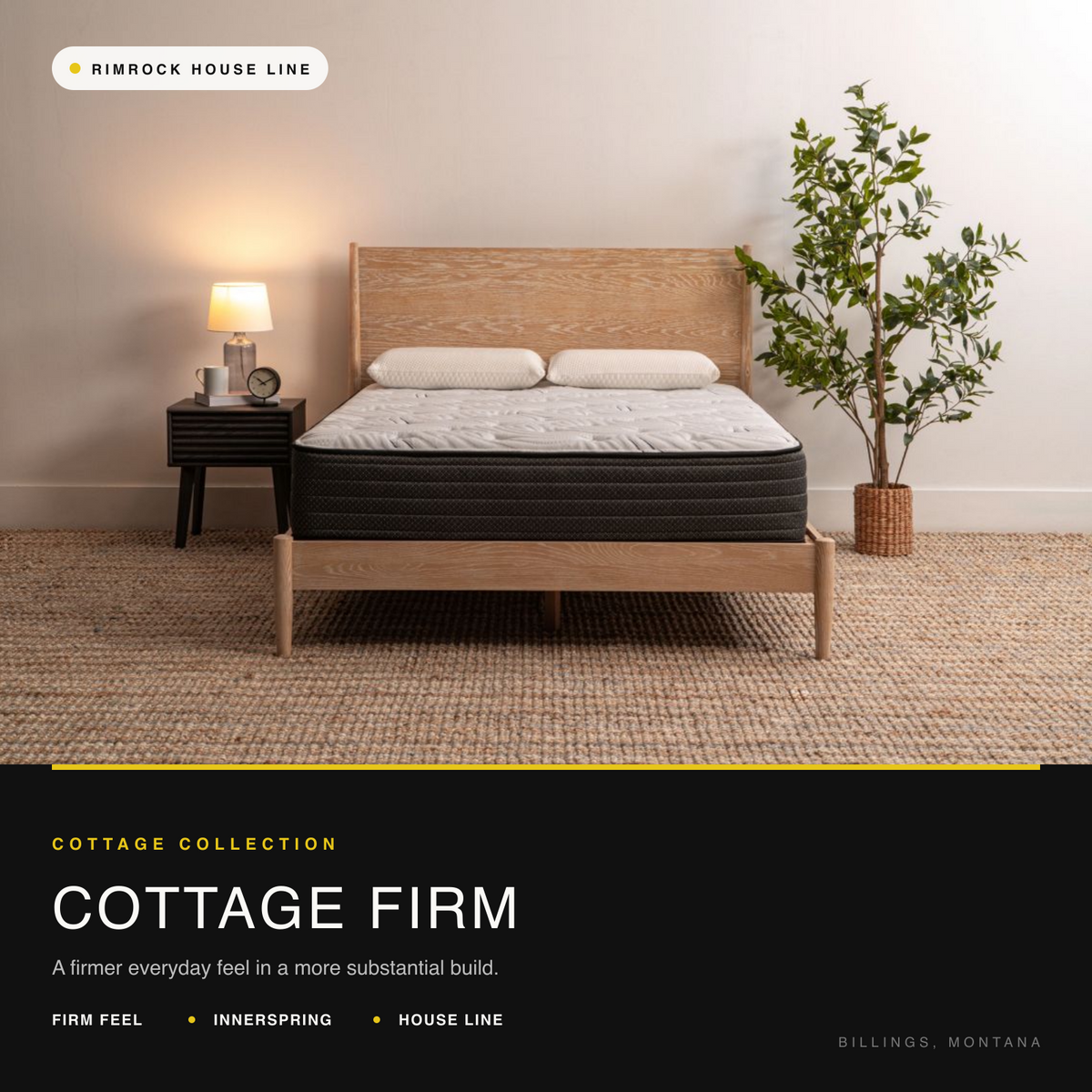 Cottage Firm innerspring mattress in a warm bedroom with natural wood furniture.