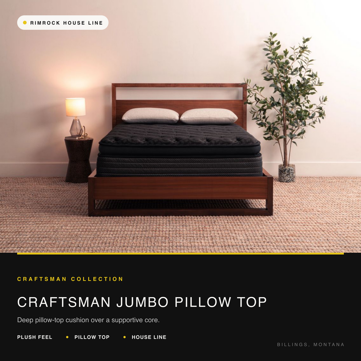 Craftsman Jumbo Pillow Top mattress in a modern warm bedroom with a deep cushioned top.