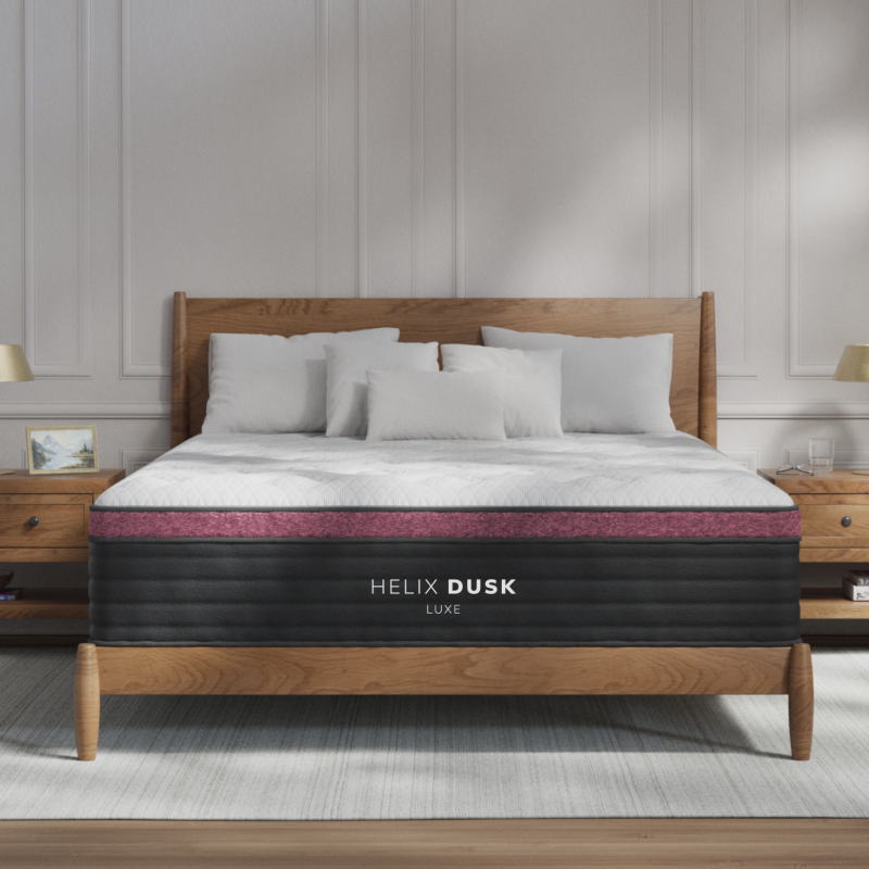 Helix Dusk Luxe mattress styled in a bedroom, front view