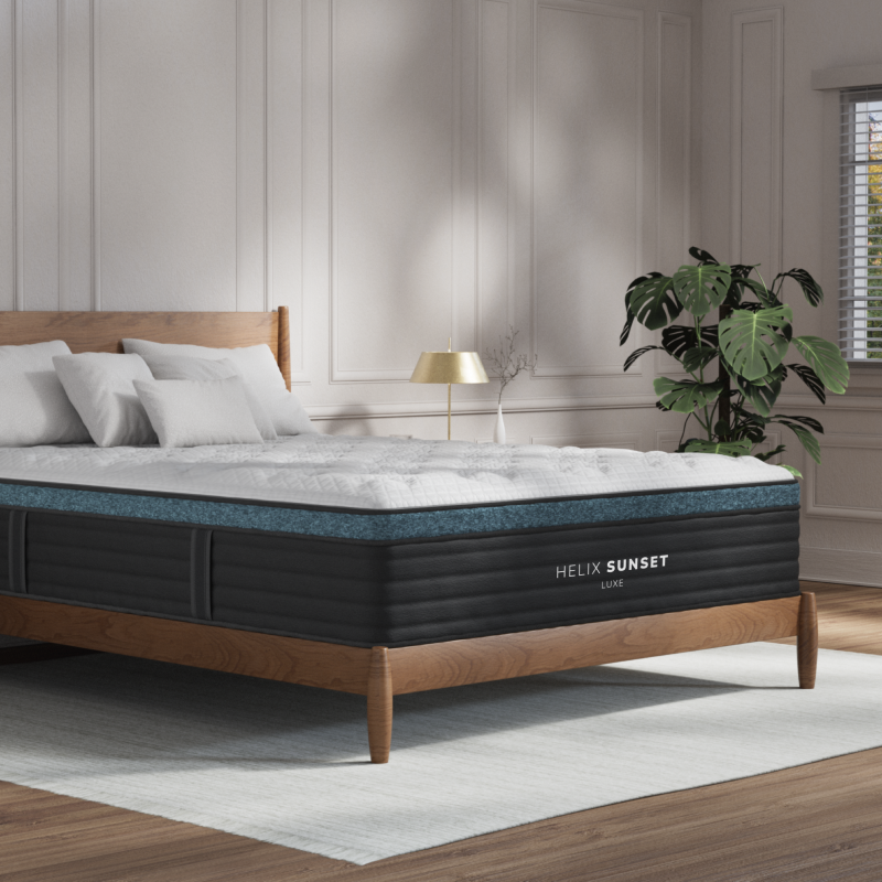 Helix Sunset Luxe mattress angled view in a bedroom