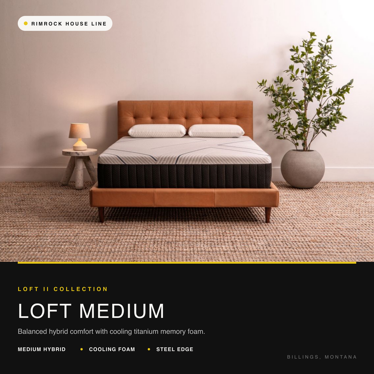 Loft Medium hybrid mattress in a warm premium bedroom with a caramel upholstered bed.