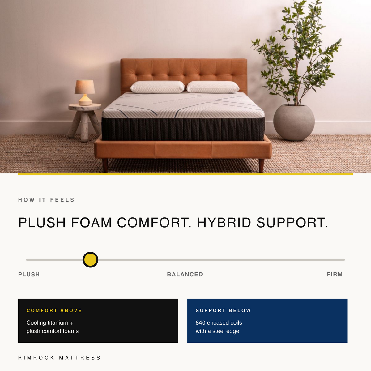 Loft Soft firmness scale with cooling titanium foam, plush comfort foam and hybrid support.