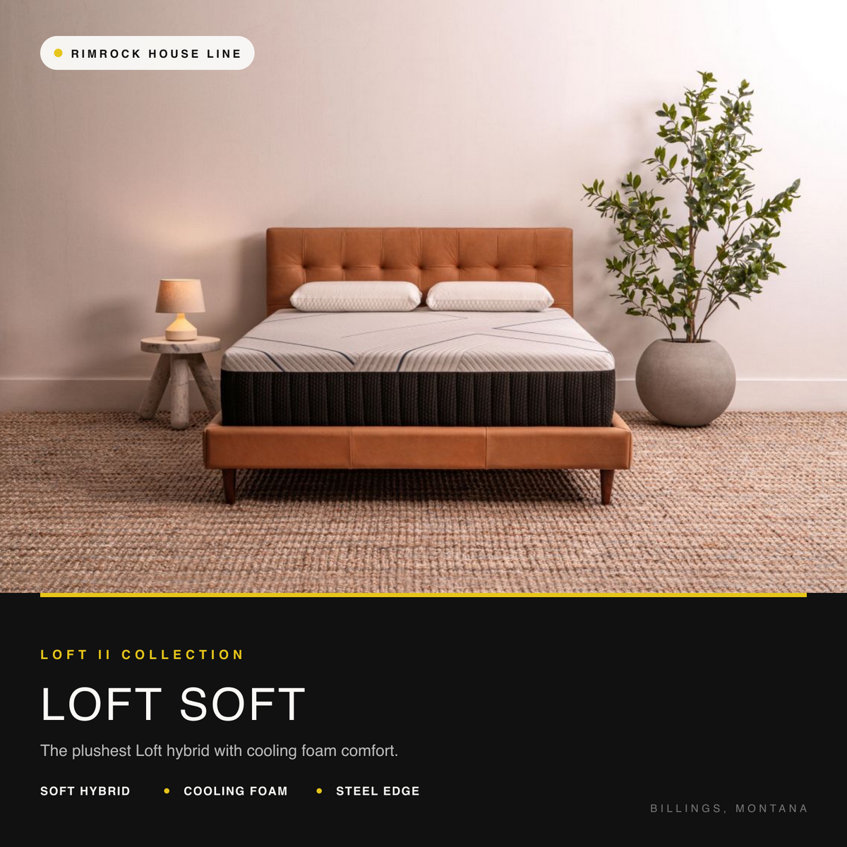 Loft Soft hybrid mattress in a warm premium bedroom with a caramel upholstered bed.