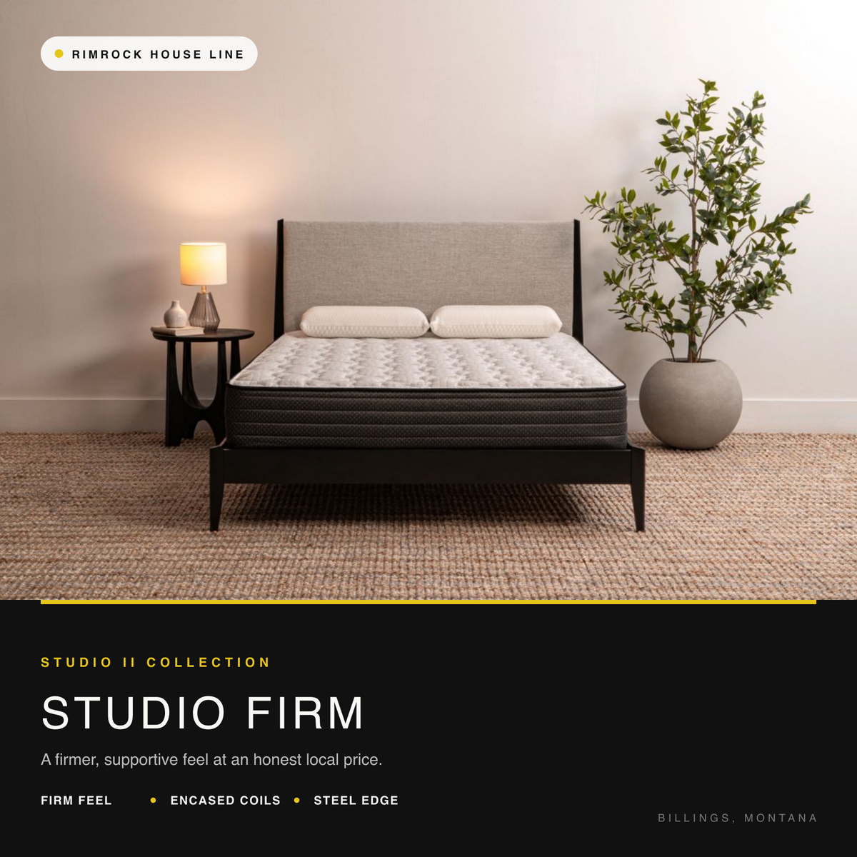 Studio Firm mattress in a warm neutral bedroom at Rimrock Mattress in Billings, Montana.